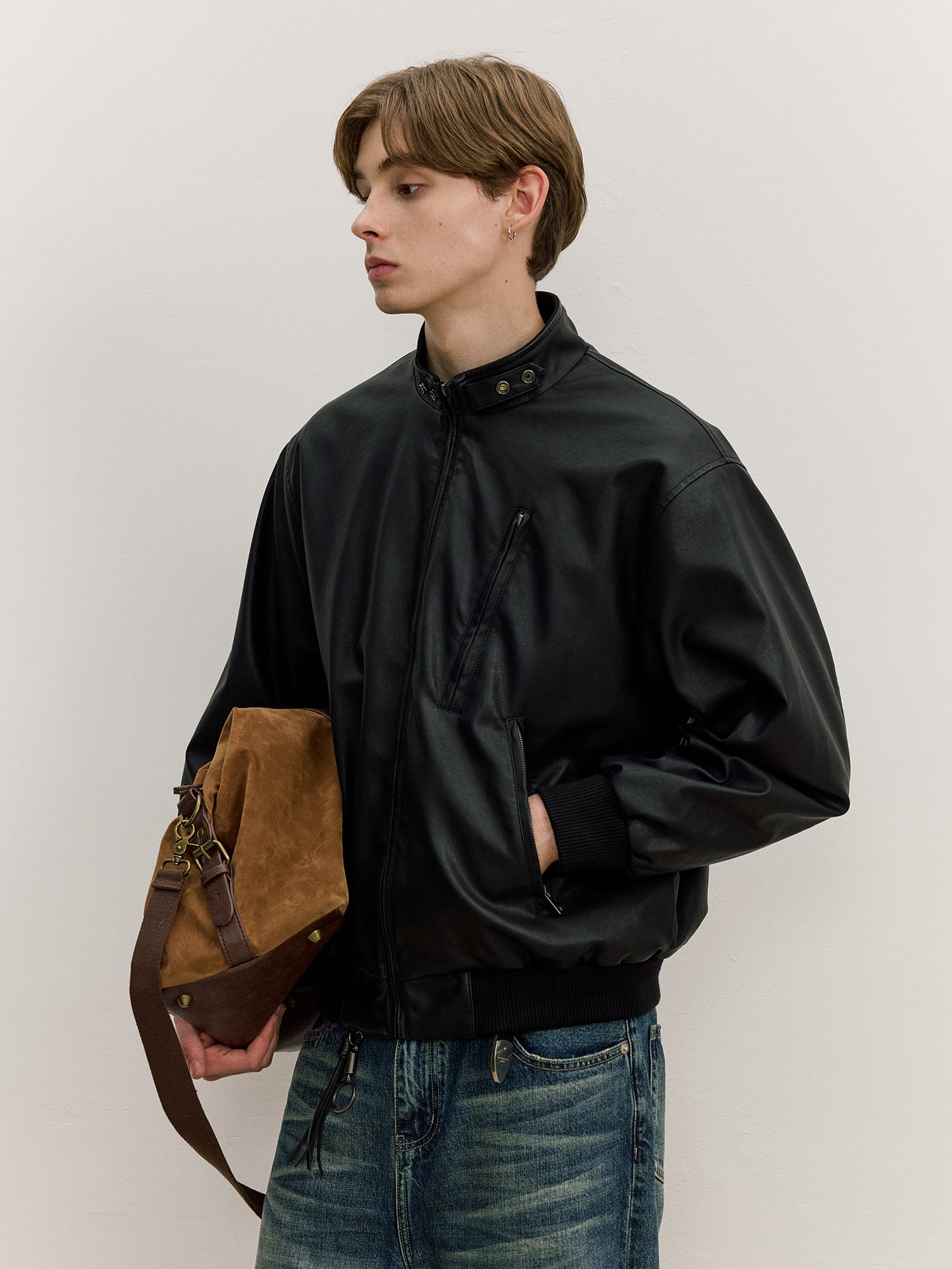 ウールライニング・スタンドカラー・PUレザージャケット N6147