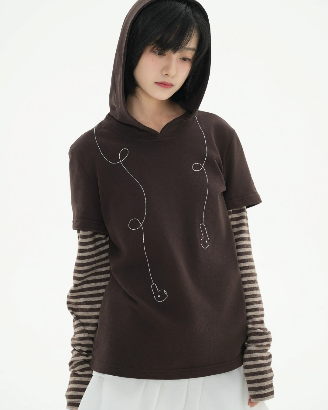 Striped faux layered hoodie T-shirt N6841