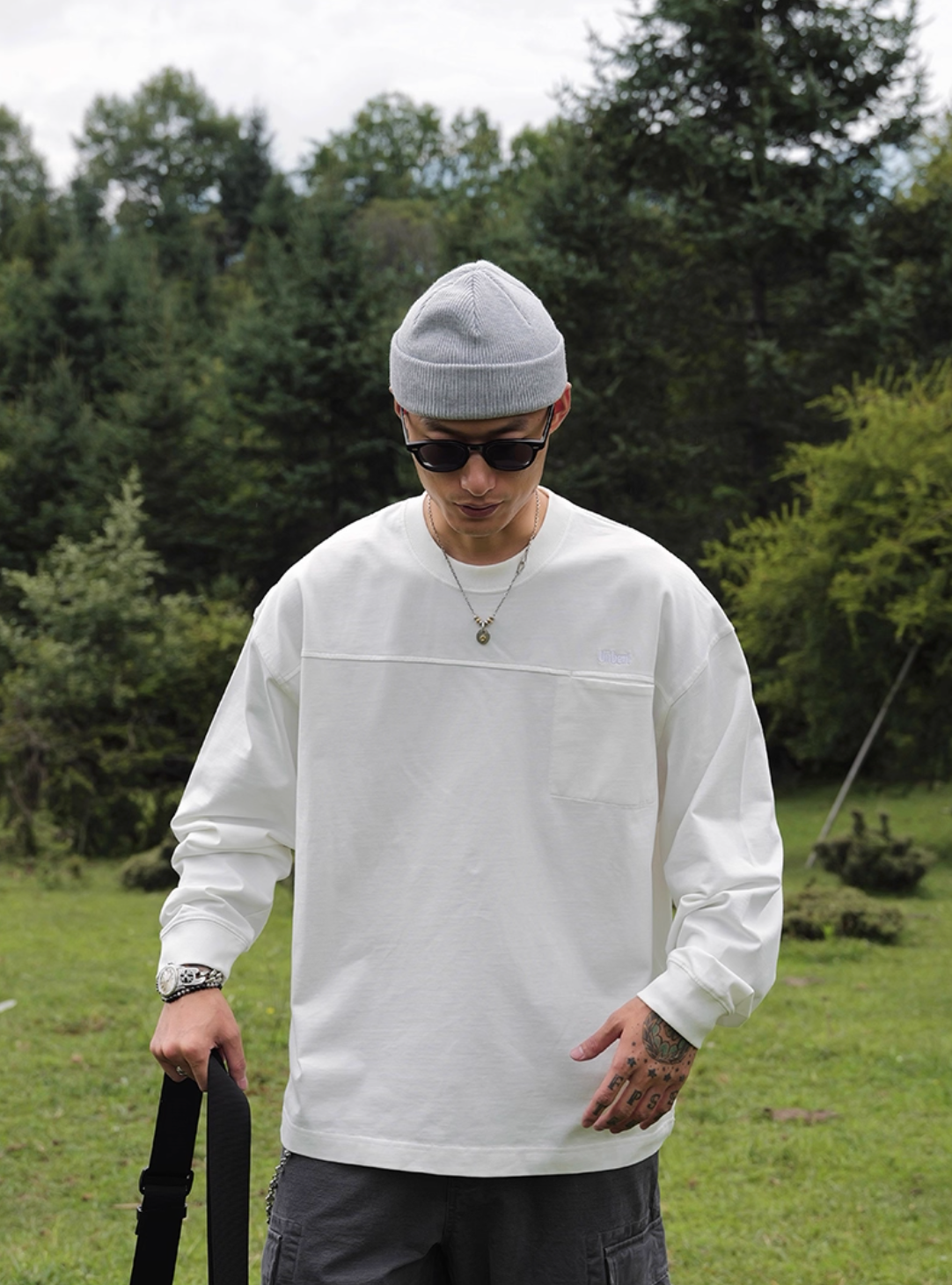 コットン刺繍ポケット ルーズロングTシャツ N5743