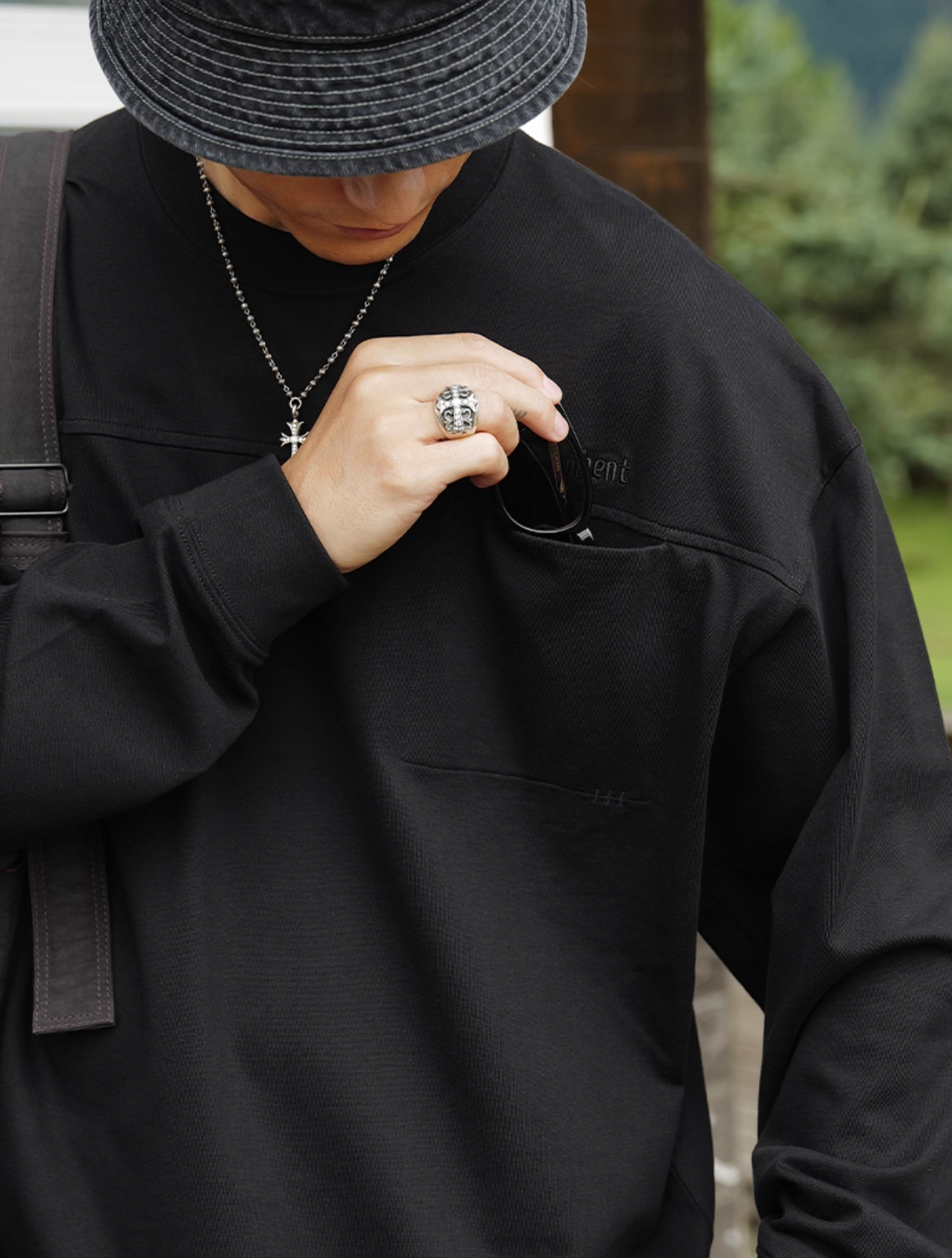 コットン刺繍ポケット ルーズロングTシャツ N5743