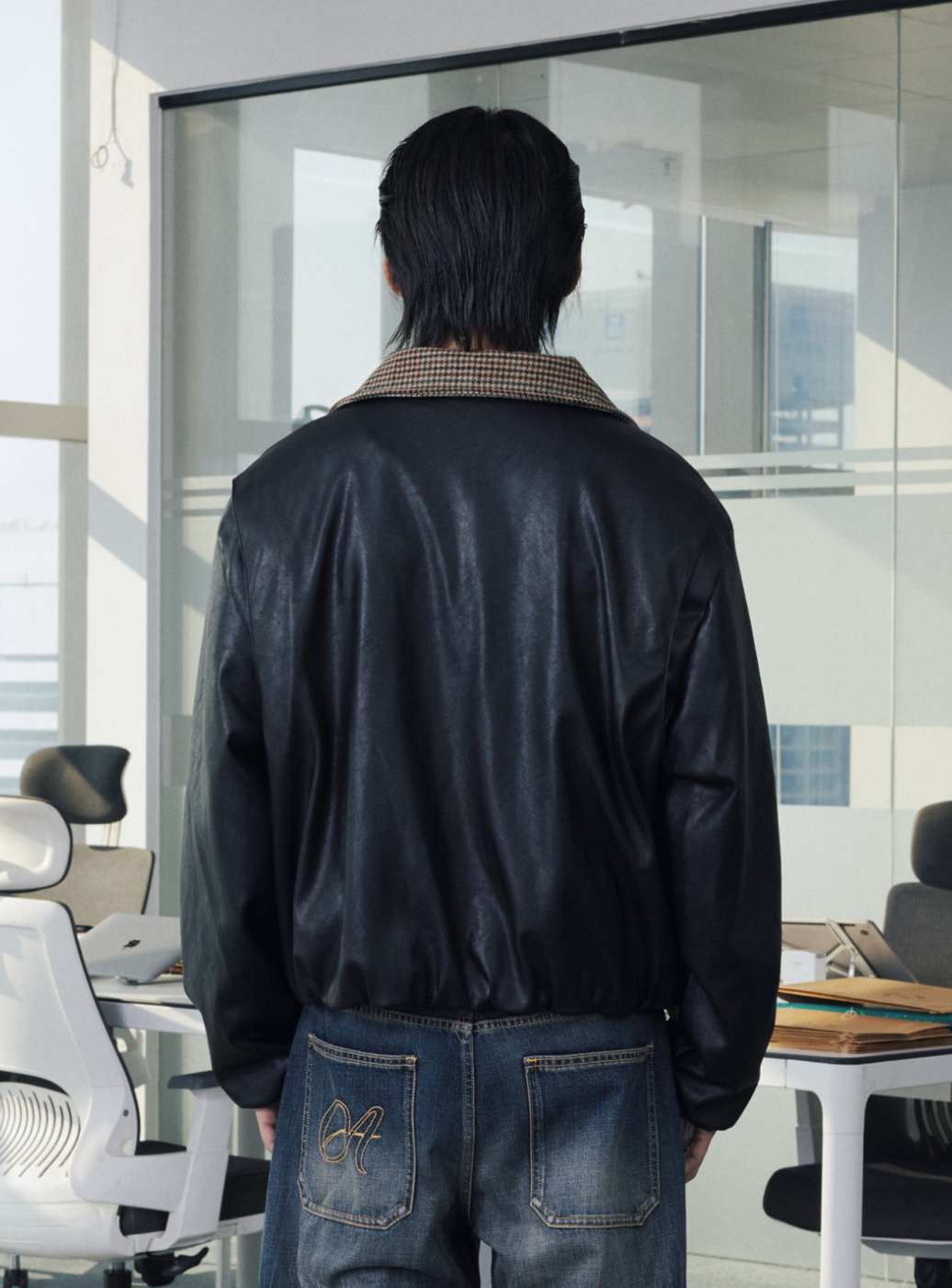 千鳥格子レザーカラー・中綿ボンバージャケット N6190