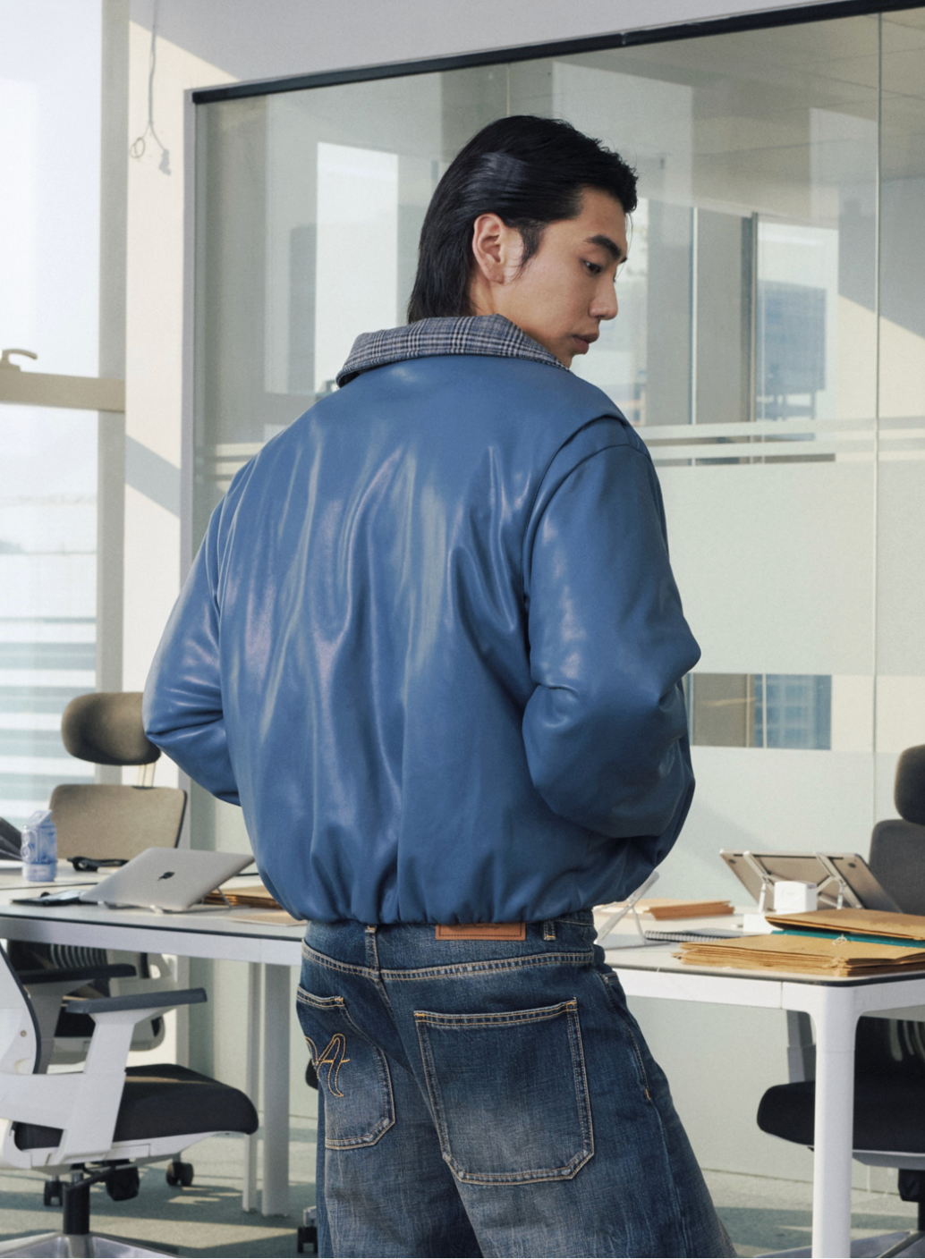 千鳥格子レザーカラー・中綿ボンバージャケット N6190