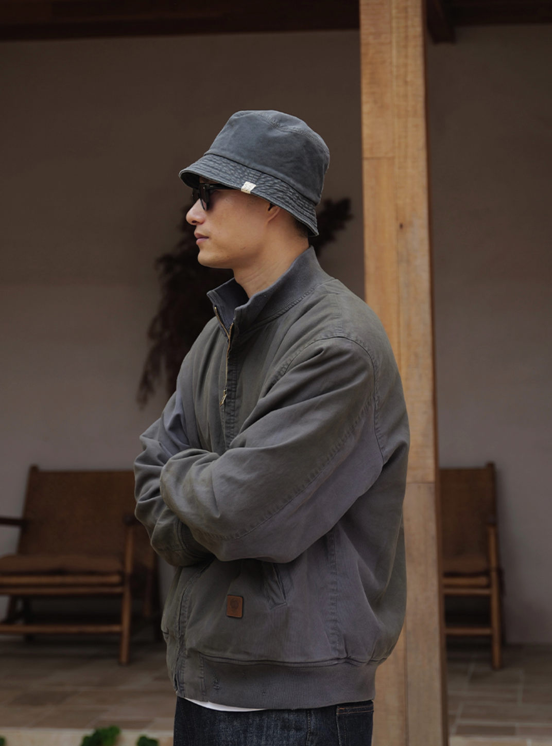 スプレーダイ&ダメージ加工・裏起毛・スタンドカラーブルゾン N6221