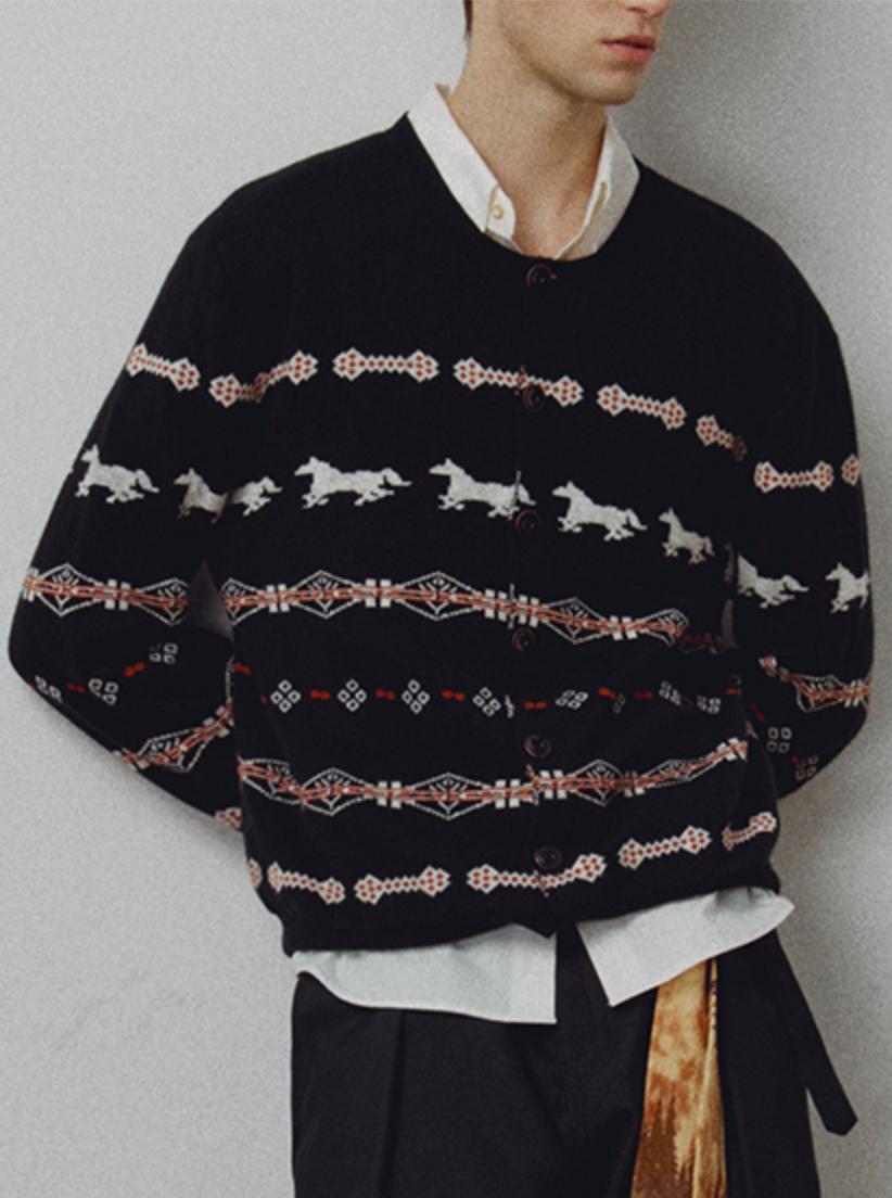 アイスランド柄ジャカード 果実釦ウールカーディガン N6219