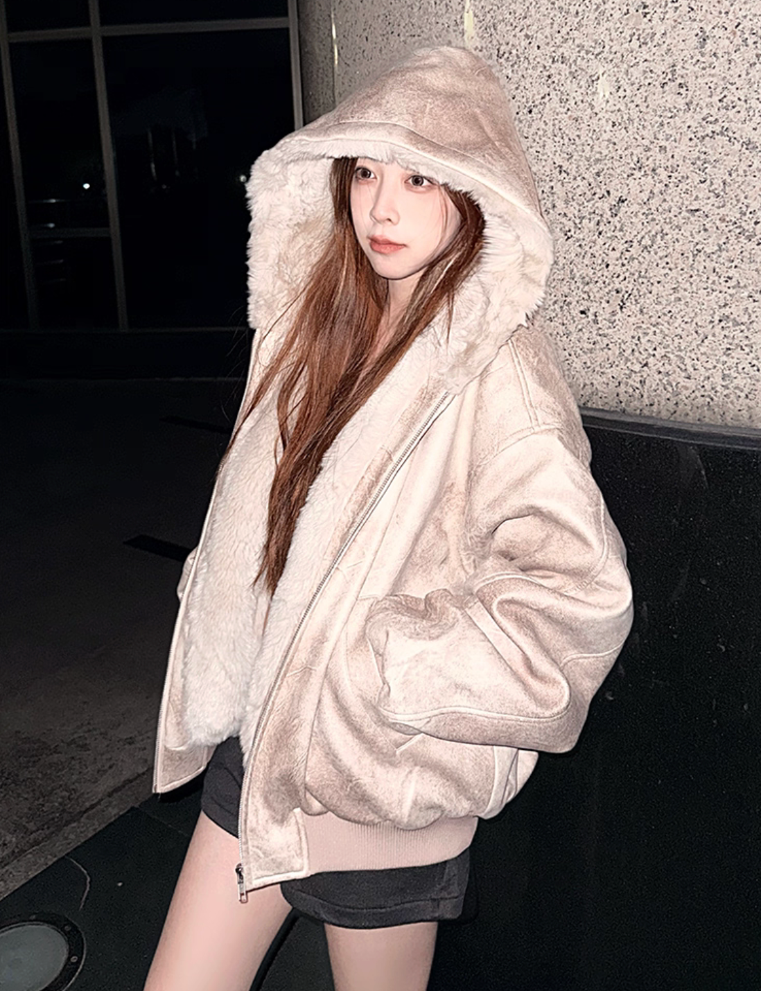 1500Gミンク風ボア・クラックドPUレザー・フーデッドコート N6249