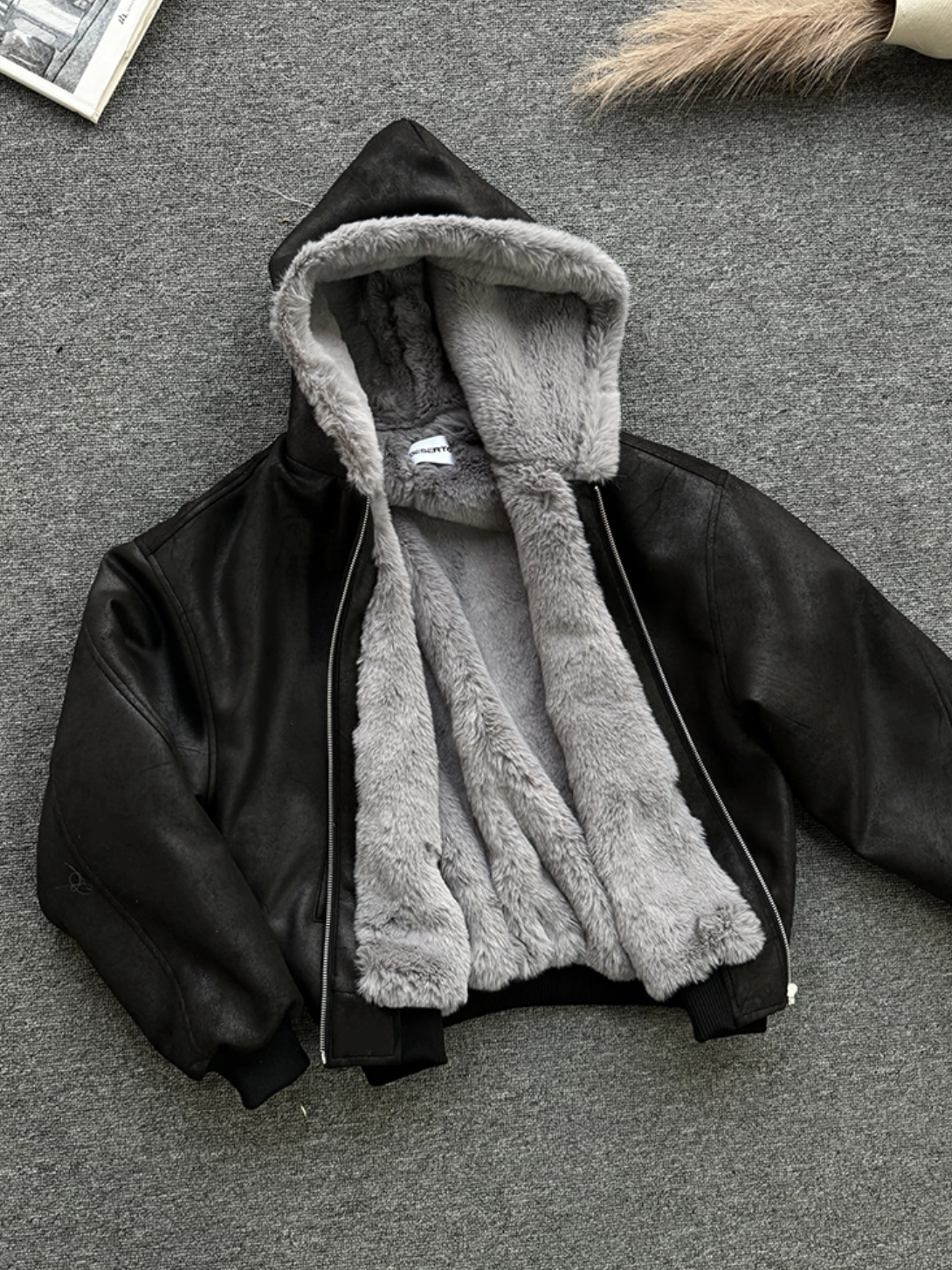 1500Gミンク風ボア・クラックドPUレザー・フーデッドコート N6249