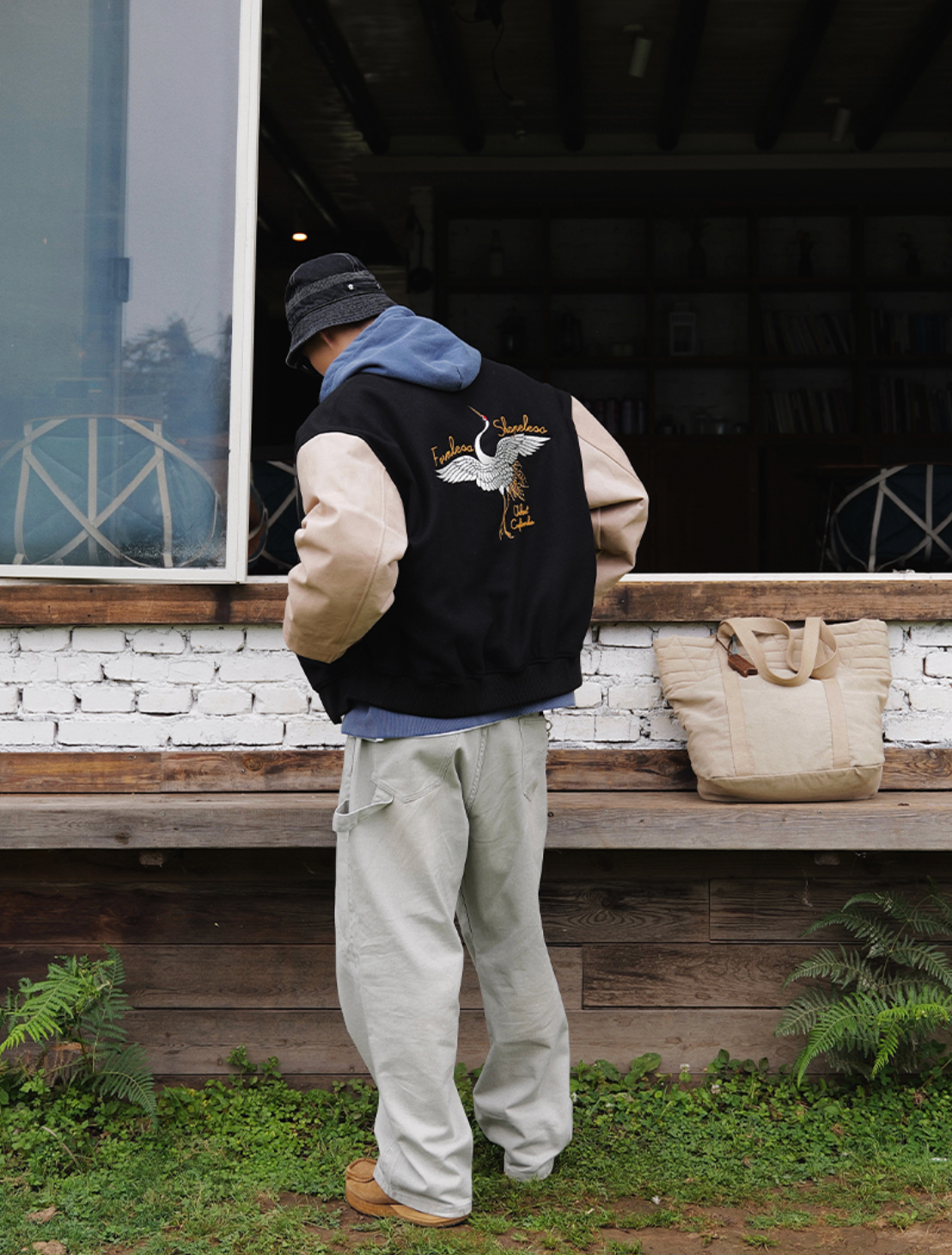 鶴刺繍ウール×レザー 混紡バーシティジャケット N6252