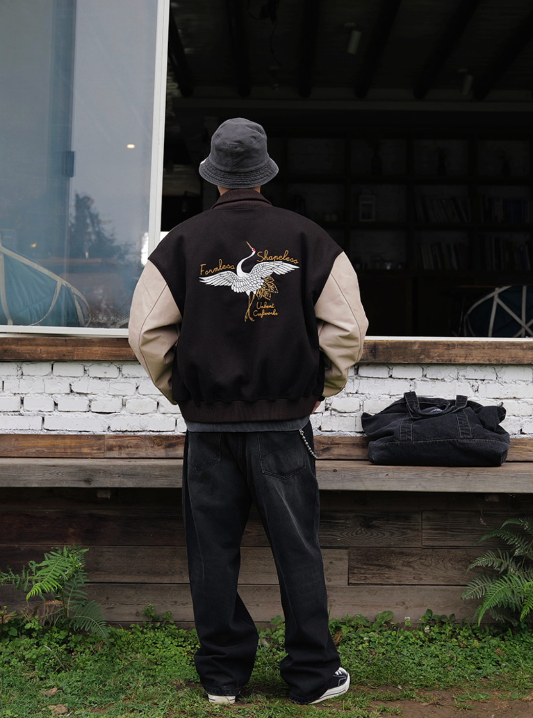 鶴刺繍ウール×レザー 混紡バーシティジャケット N6252