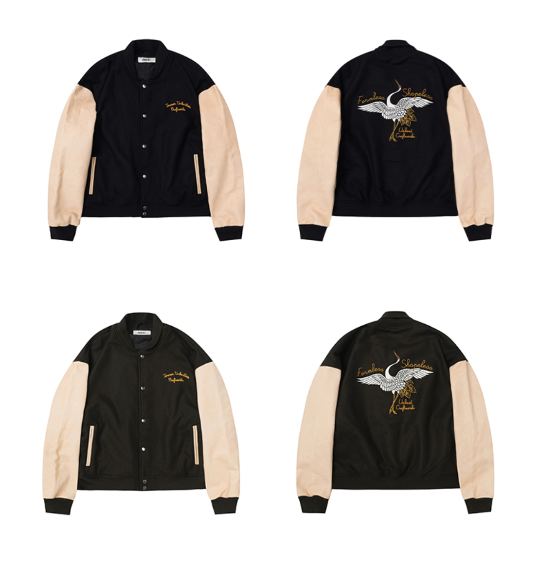 鶴刺繍ウール×レザー 混紡バーシティジャケット N6252