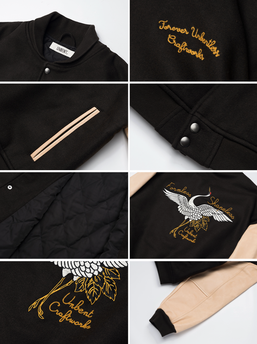 鶴刺繍ウール×レザー 混紡バーシティジャケット N6252