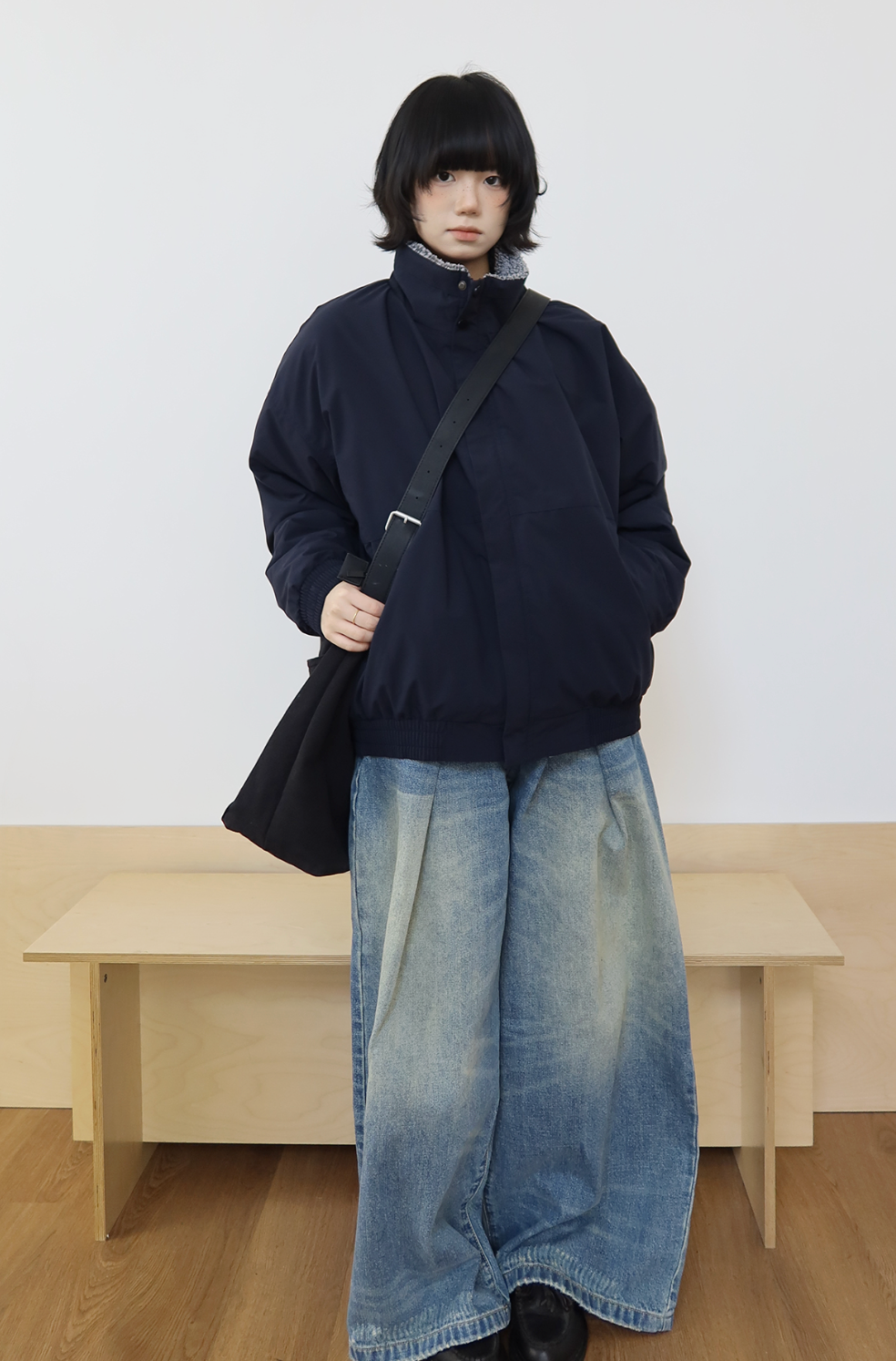 スタンドカラー ボア裏地 ネイビー中綿ジャケット N6319
