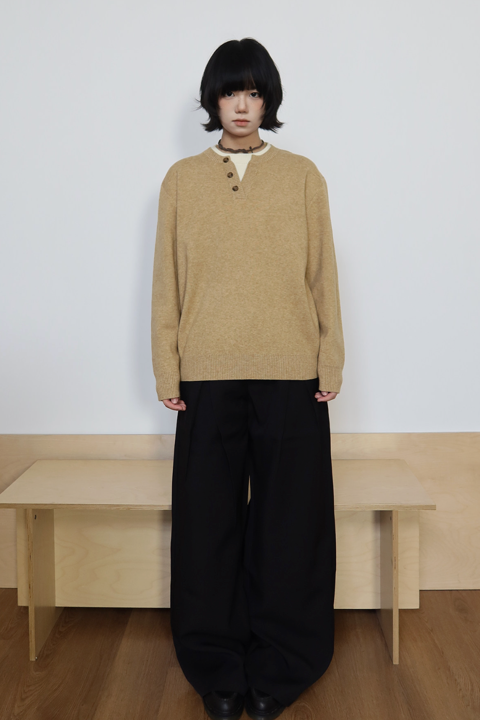 シェルボタン ヘンリーネック レイヤード風ニット N6342