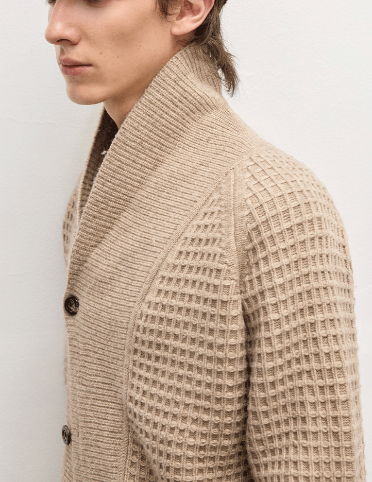 ショールカラーウール混 ワッフルカーディガン N6352