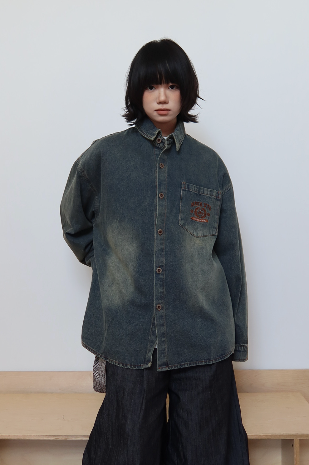 レイヤード風 ヴィンテージ加工 デニムシャツ N6376