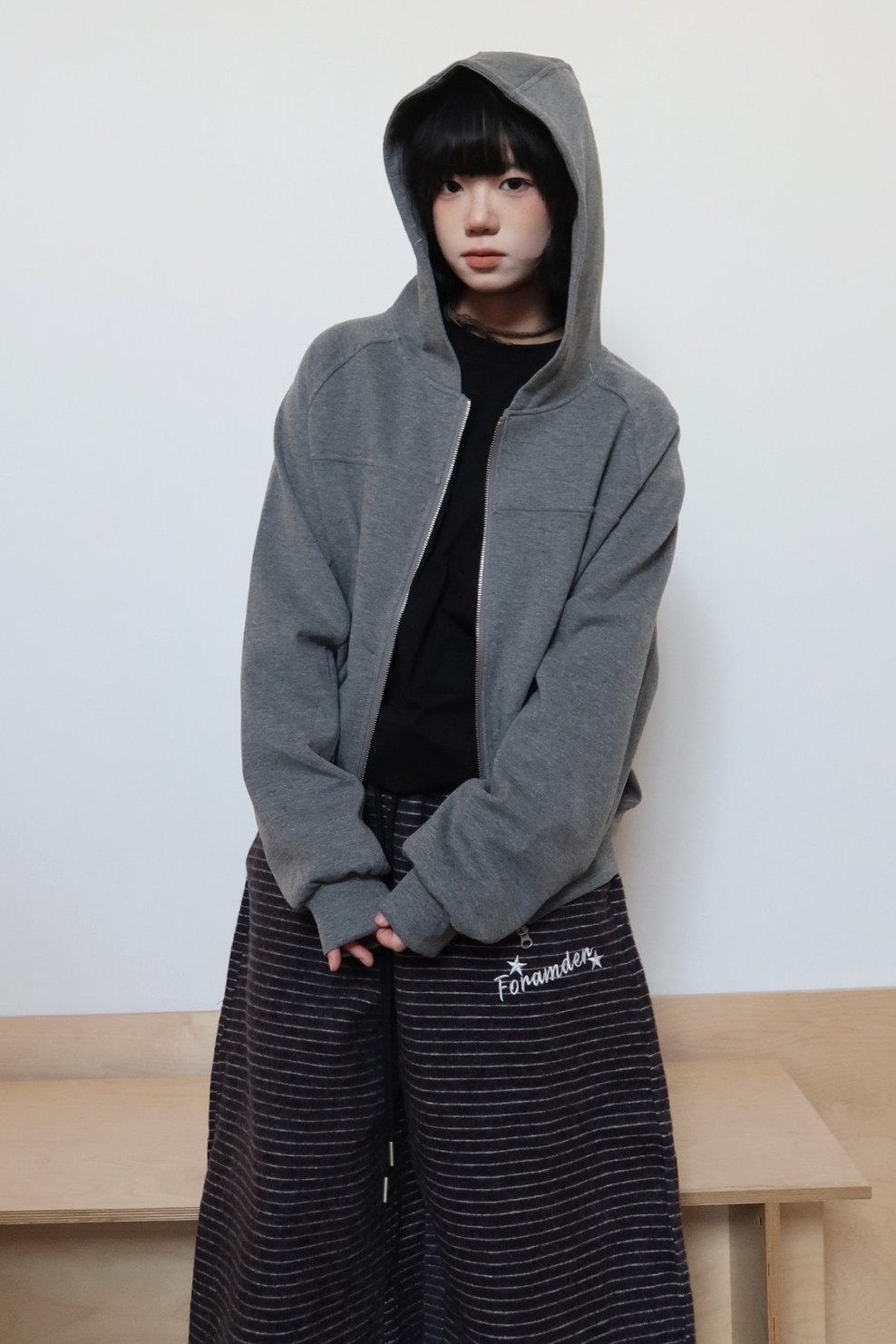 ストライプカーブド 裏起毛ワイドストレートパンツ N6378