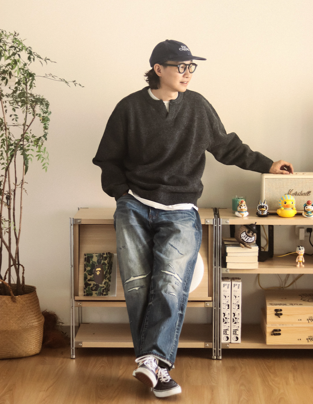 モヘア混ウール Vネック ミニマルニットセーター N6406