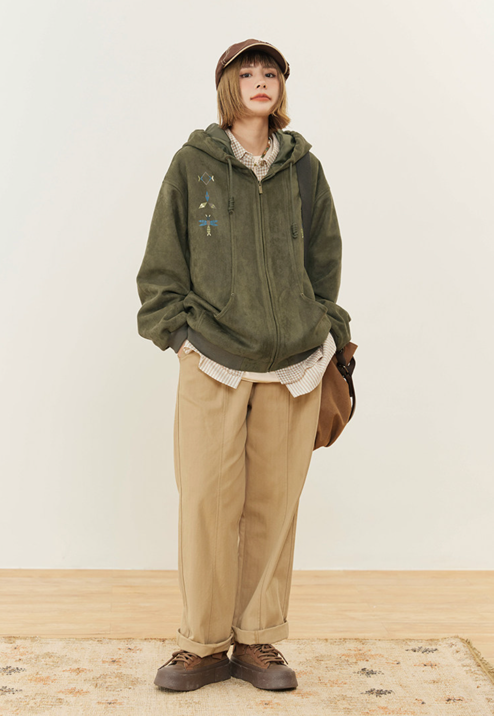 スエードタッチ 刺繍フーディ ジップアップ N6473