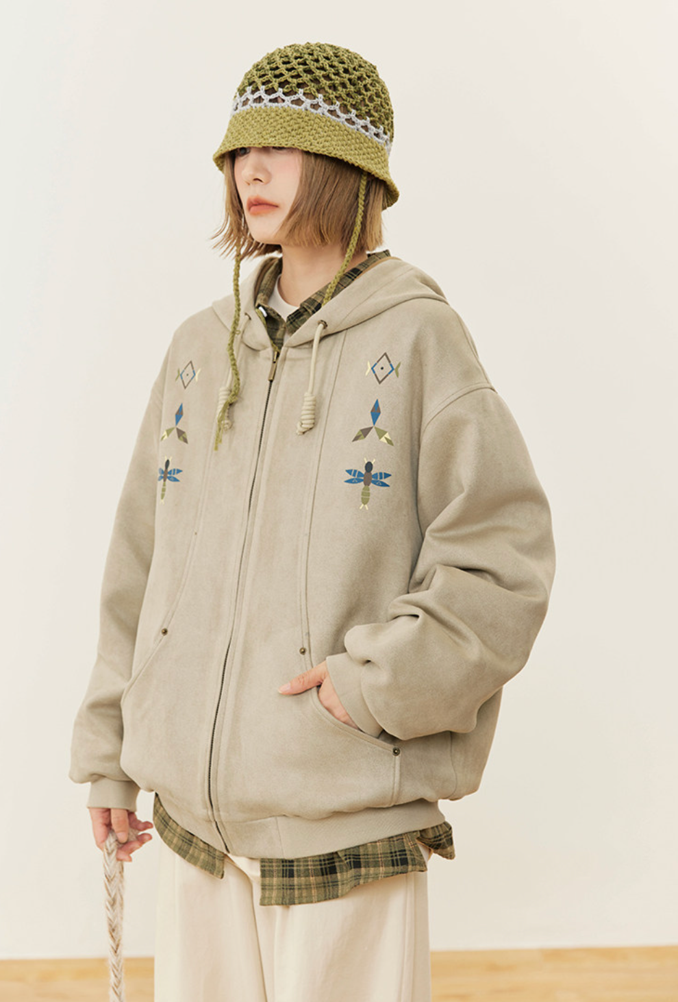 スエードタッチ 刺繍フーディ ジップアップ N6473