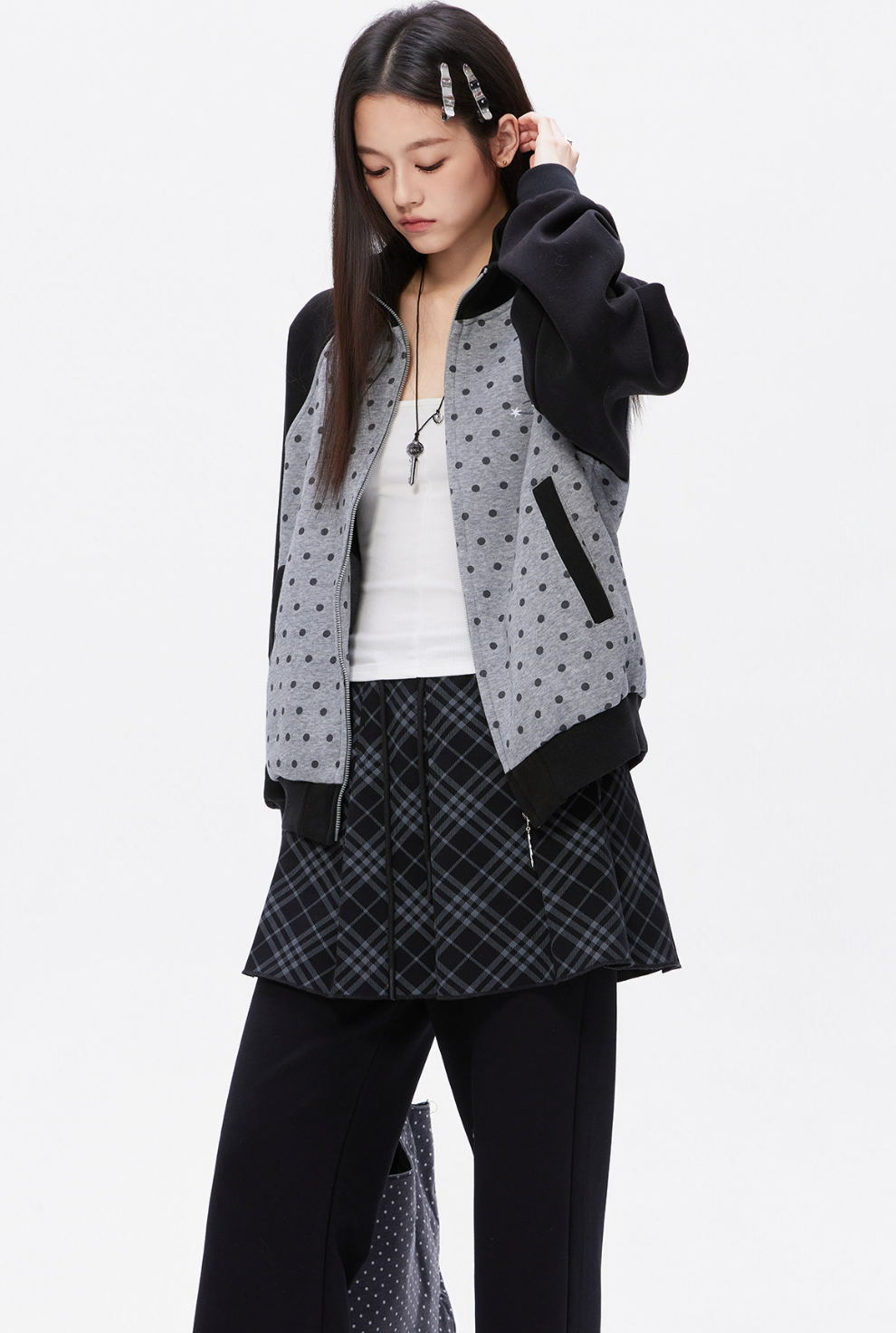 ドットプリント スタンドカラー ジップスウェット N6491