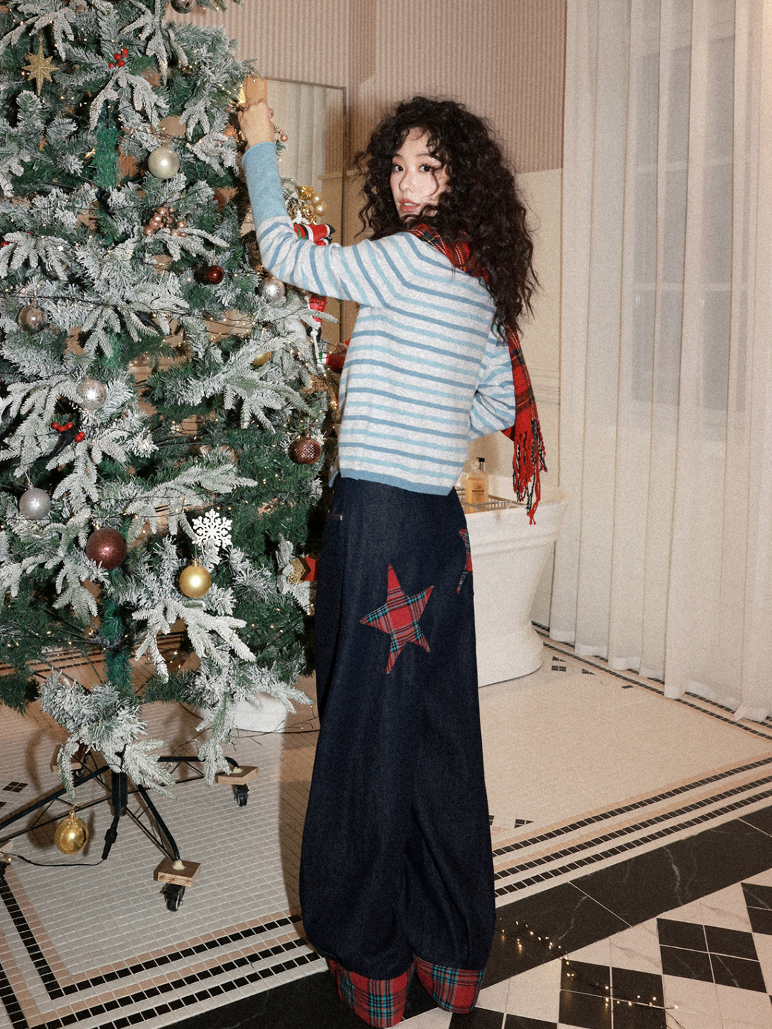 ペールブルーストライプ 羊毛混カーディガン N6517