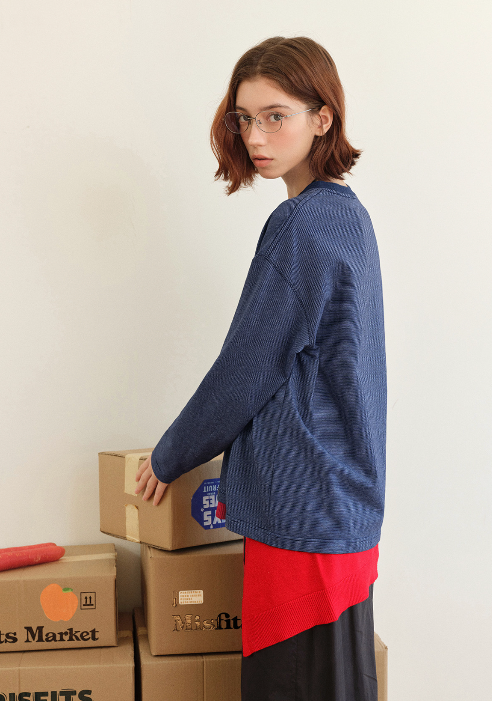 ヴィンテージ細ボーダー 配色クルーロングT N6545