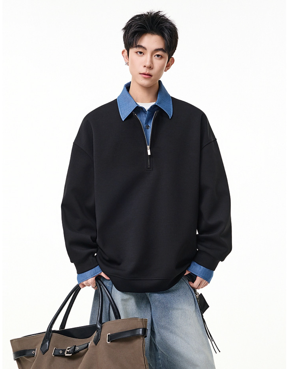 デニム切替 フェイクレイヤード ポロスウェット N6807