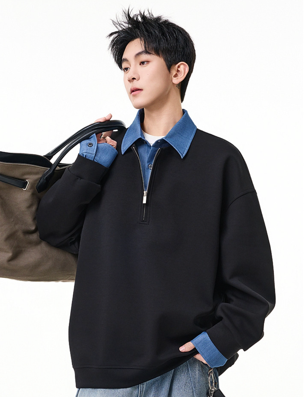 デニム切替 フェイクレイヤード ポロスウェット N6807