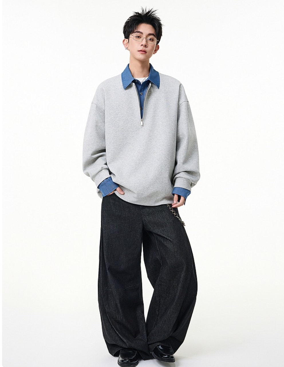 デニム切替 フェイクレイヤード ポロスウェット N6807