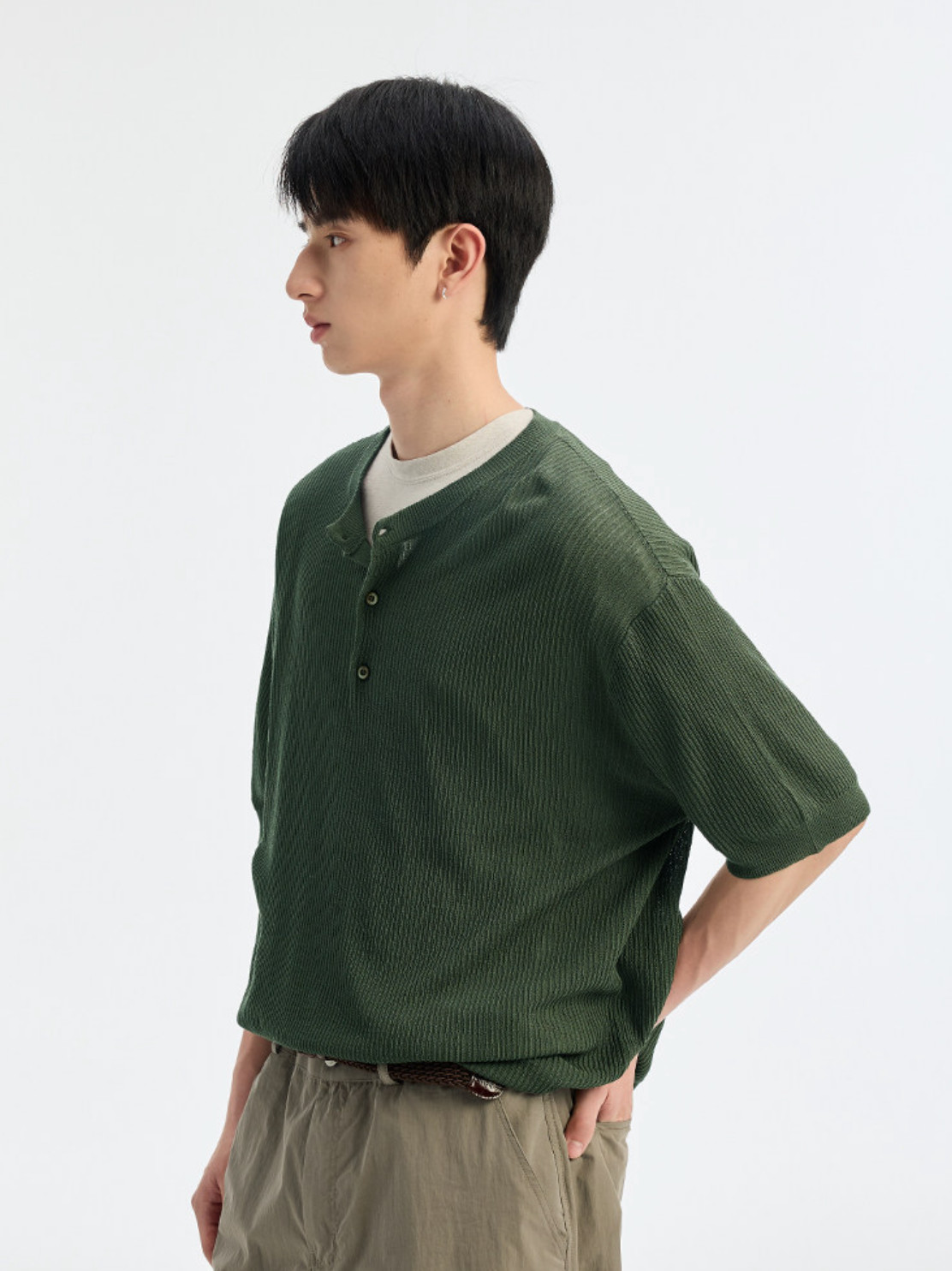 リネン混ハーフボタンニットT N6825