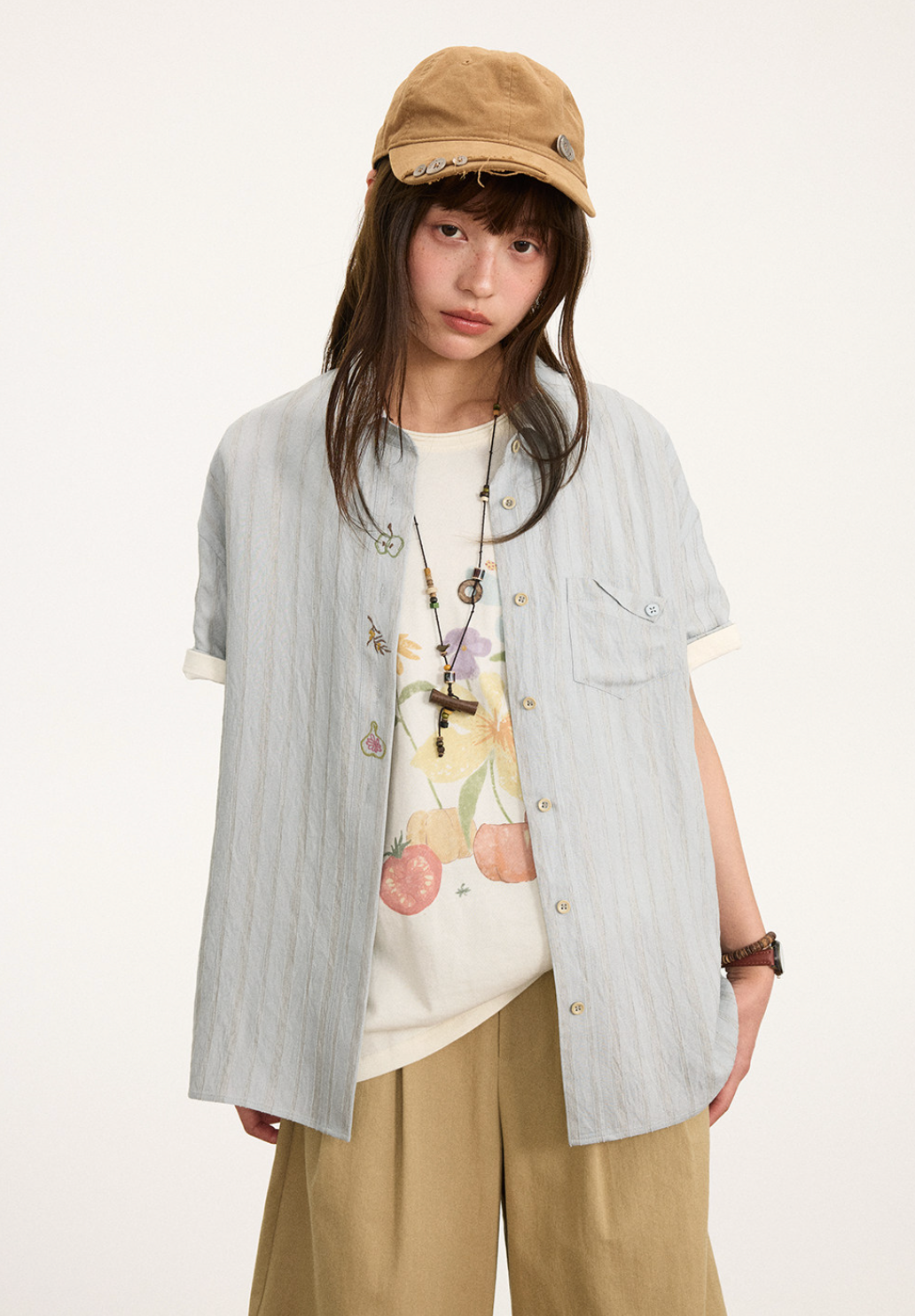 コットンリネン ストライプ 刺繍 半袖シャツ N6863