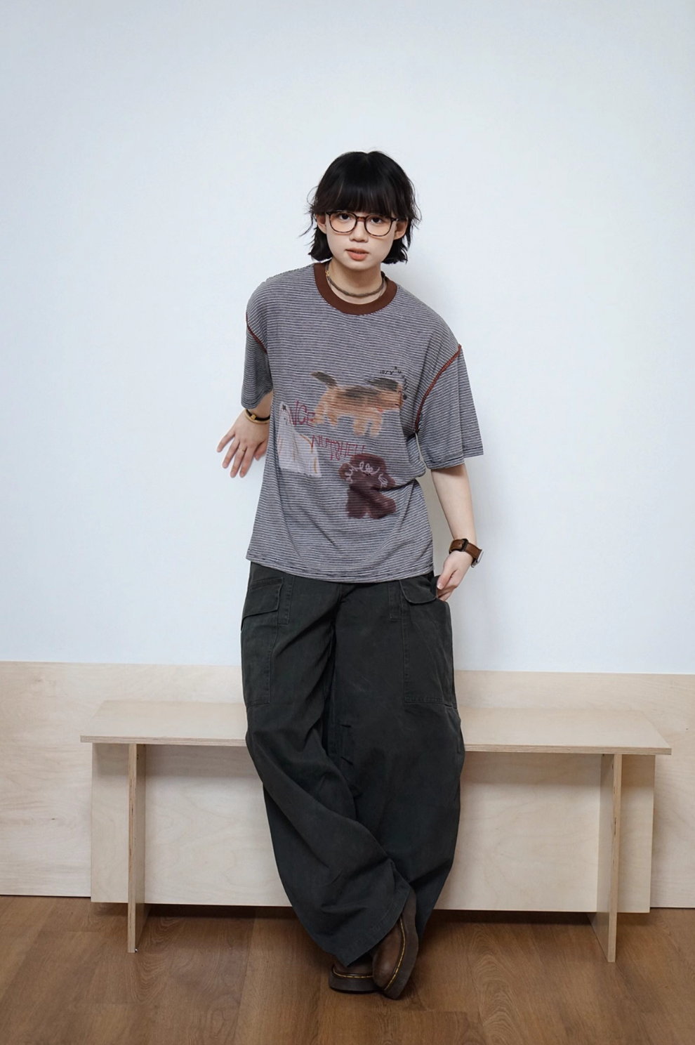 ピンボーダー アニマルグラフィック リンガーTシャツ N6868
