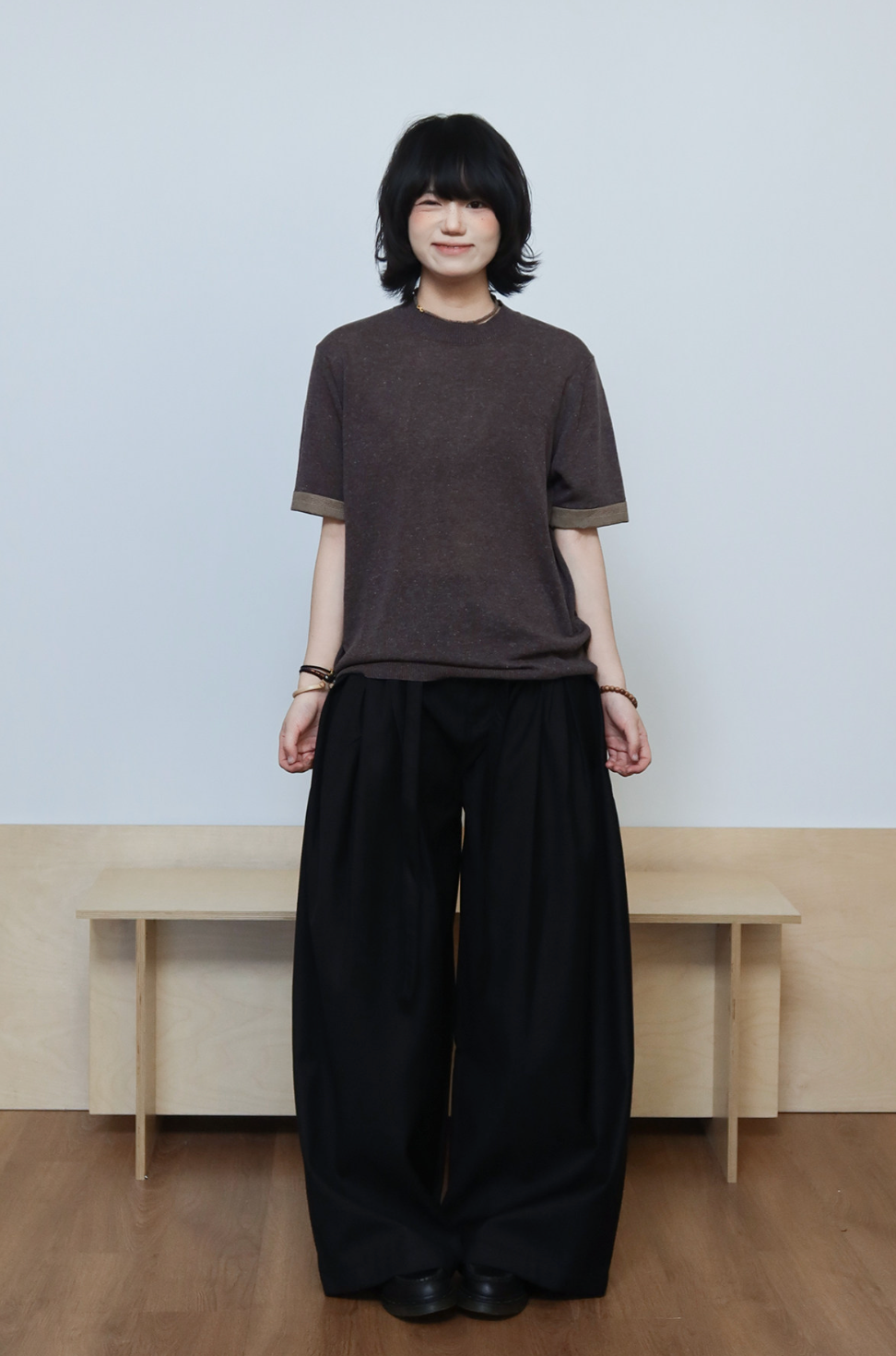 リヨセル混 千鳥格子カフス ニットTシャツ N6953
