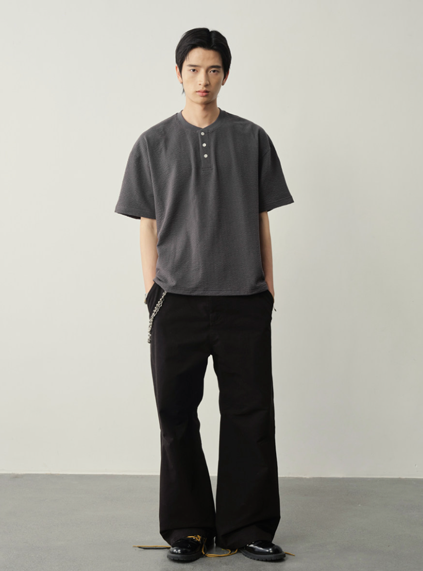 ワッフル地 ヘンリーネック 裾ドロスト Tシャツ N6981