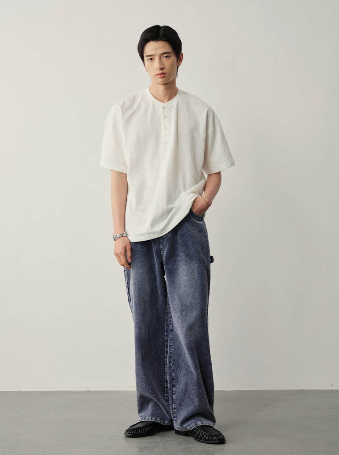 ワッフル地 ヘンリーネック 裾ドロスト Tシャツ N6981