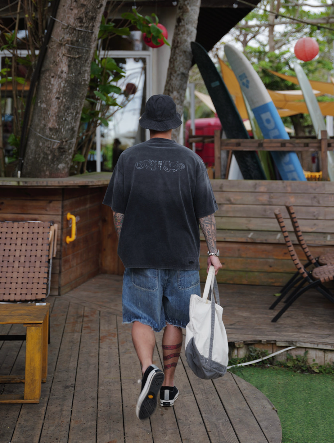 コットン龍虎プリントダメージ加工Tシャツ N7074