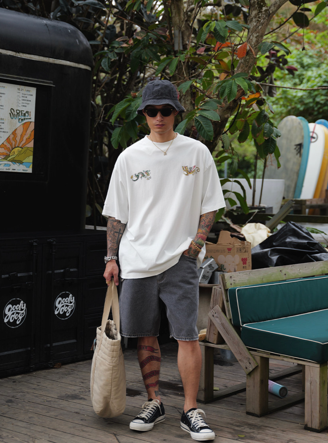 コットン龍虎プリントダメージ加工Tシャツ N7074