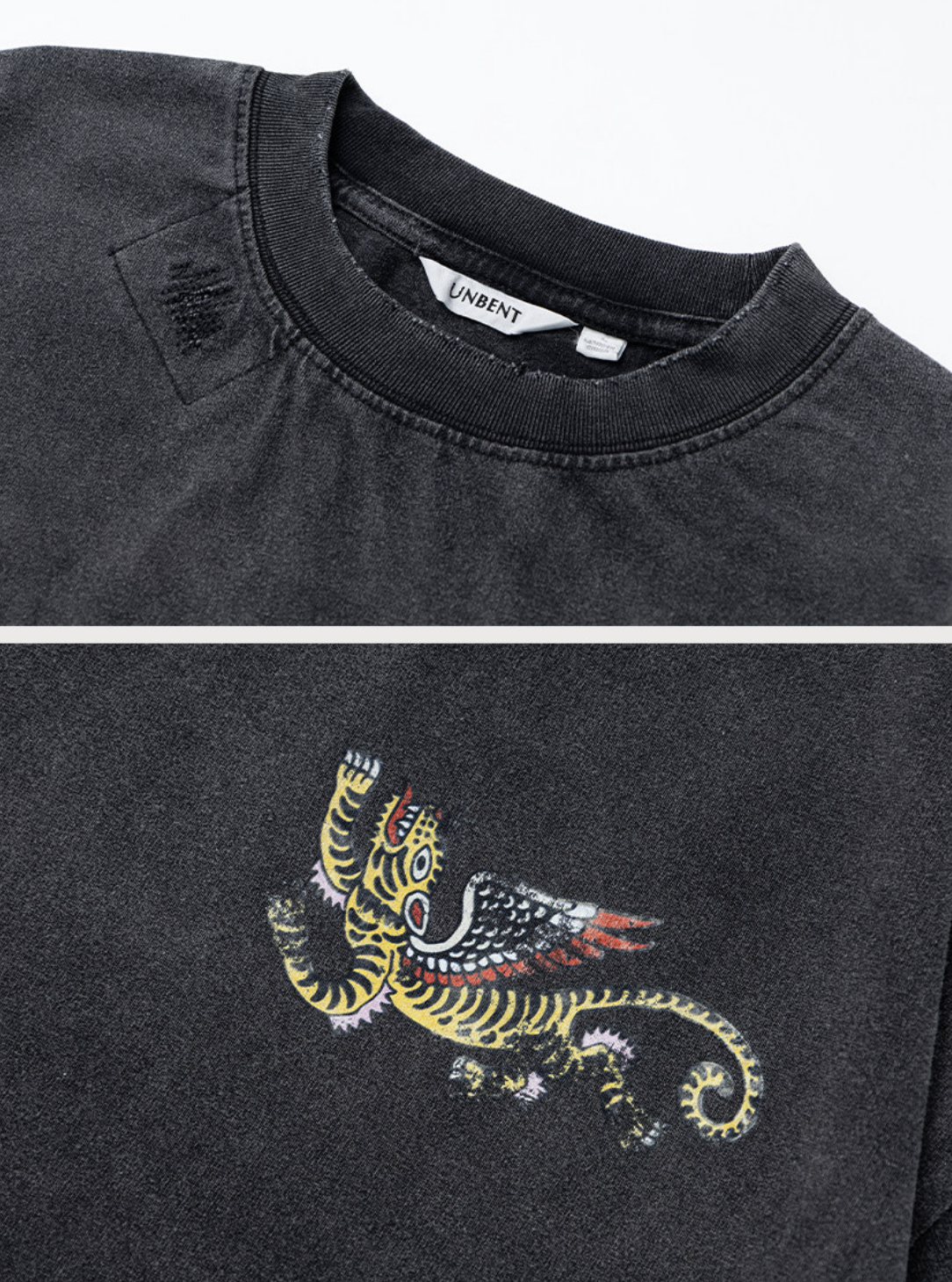 コットン龍虎プリントダメージ加工Tシャツ N7074