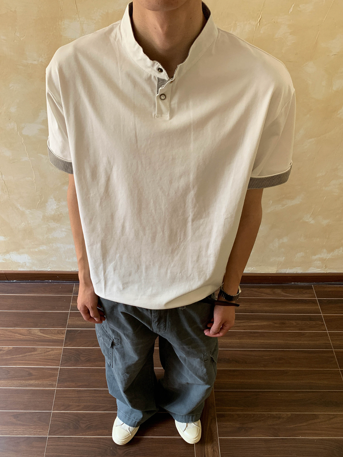 千鳥格切替ヘンリーネックゆったりTシャツ N7114