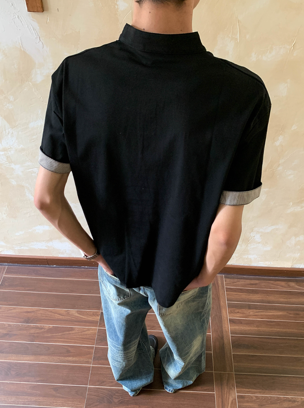 千鳥格切替ヘンリーネックゆったりTシャツ N7114