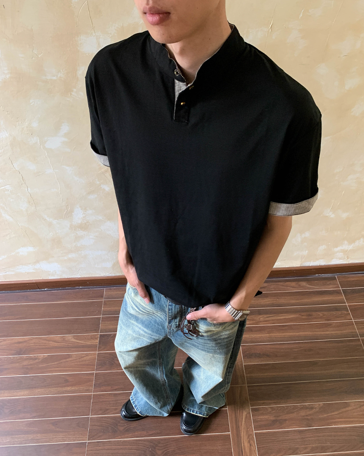 千鳥格切替ヘンリーネックゆったりTシャツ N7114