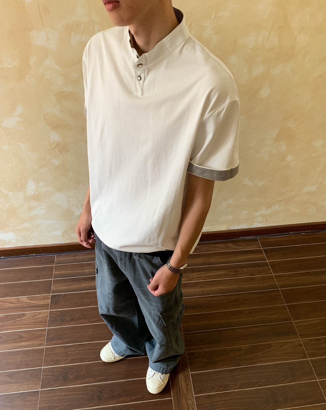 千鳥格切替ヘンリーネックゆったりTシャツ N7114
