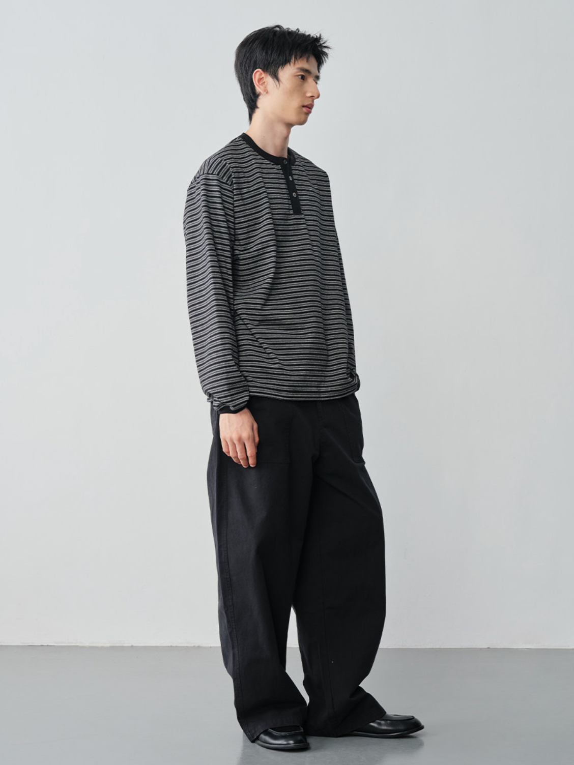 ボーダーヘンリーネックロングTシャツ N7334