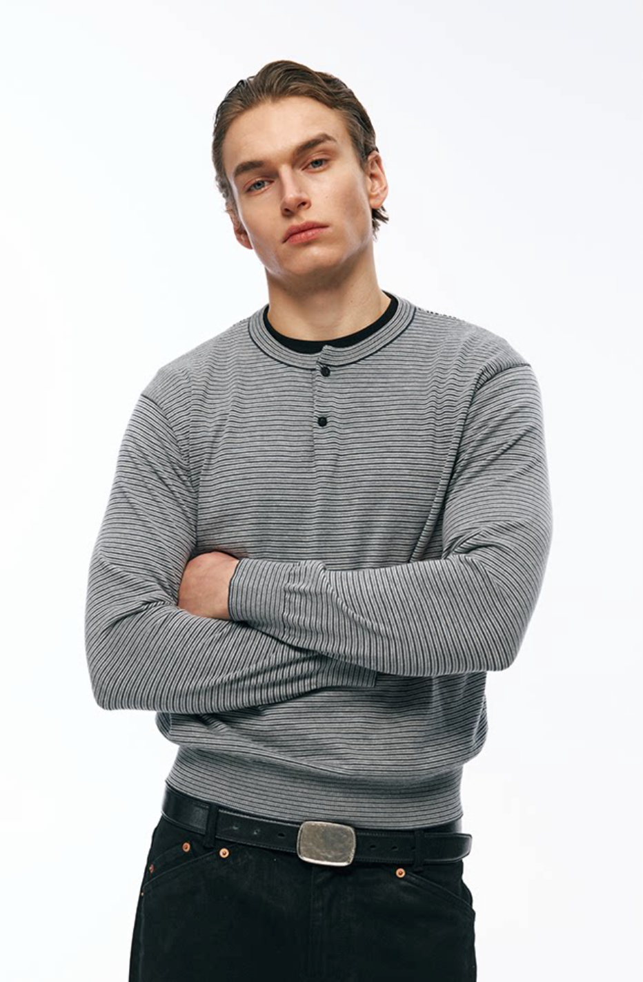 ボーダーヘンリーネックショートワイドTシャツ N7339