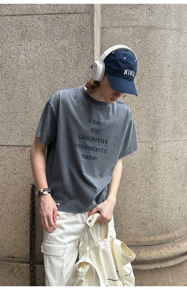 【290G】Washed letter print T - shirt N3739 - NNine