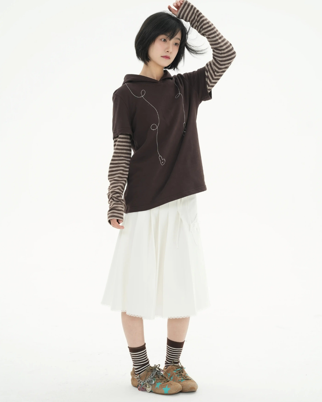 ストライプ フェイクレイヤード フーディTシャツ N6841