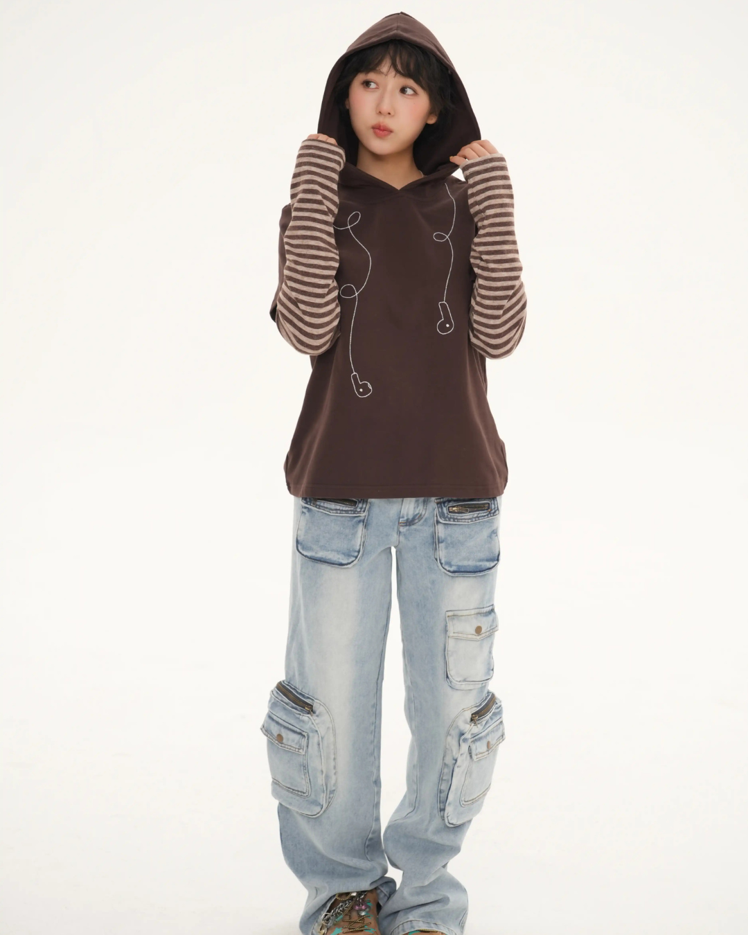 Striped faux layered hoodie T-shirt N6841