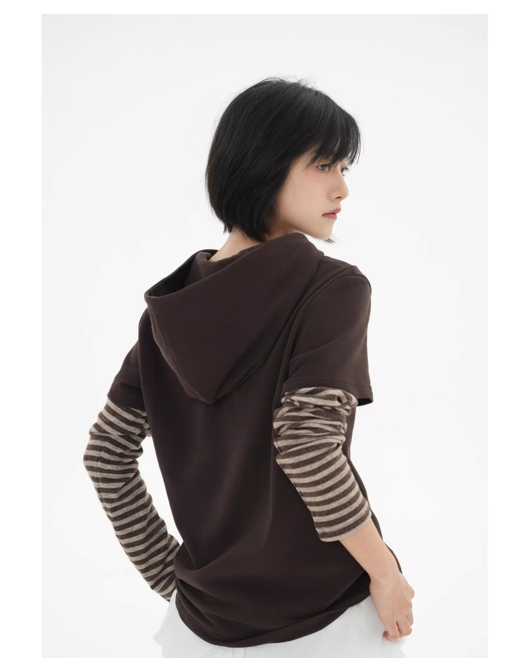 ストライプ フェイクレイヤード フーディTシャツ N6841