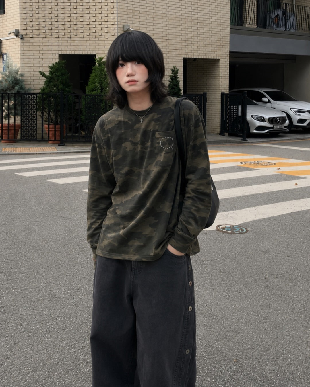 ワッフルカモフラージュ刺繍ロングTシャツ N7271