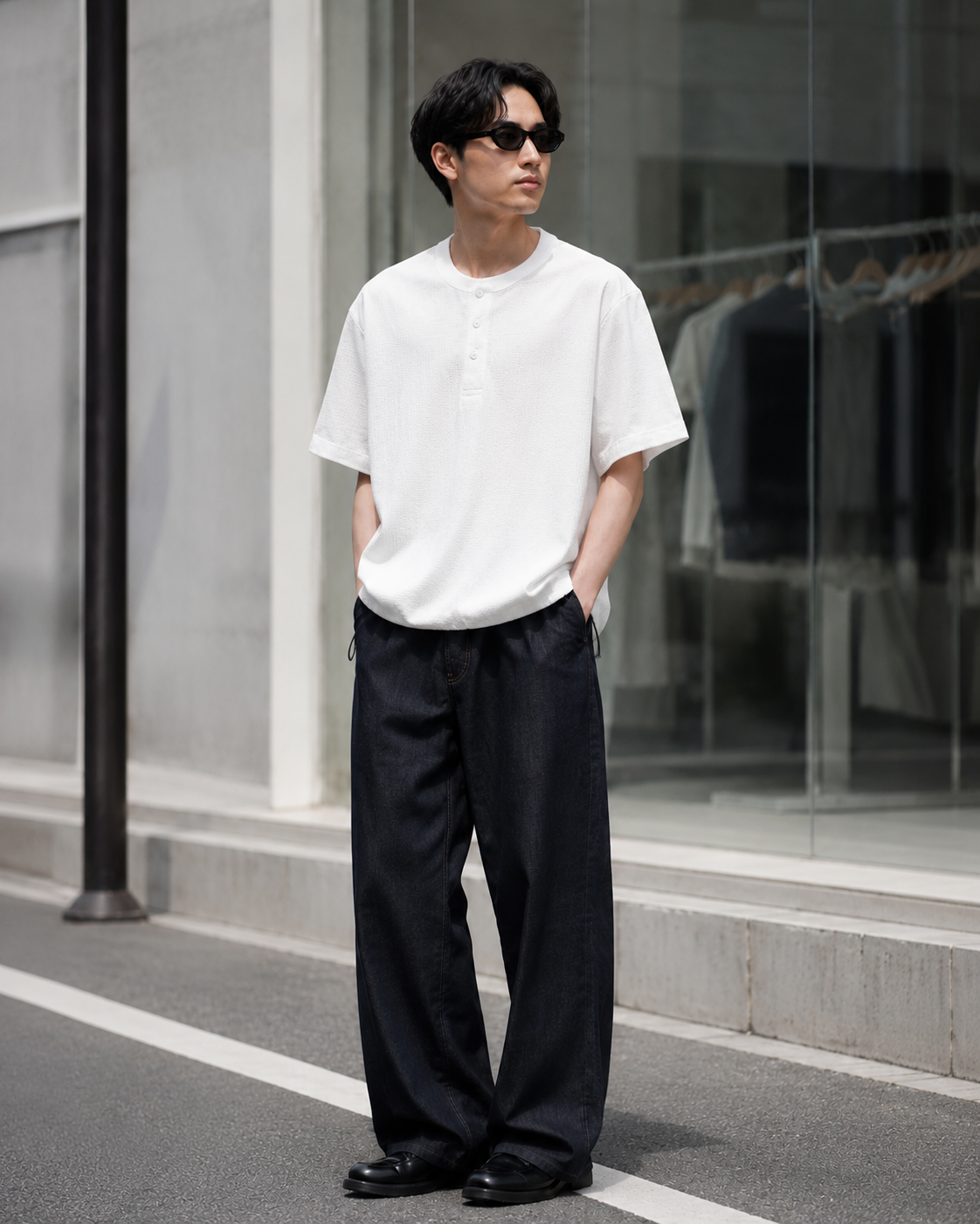 ワッフル地 ヘンリーネック 裾ドロスト Tシャツ N6981