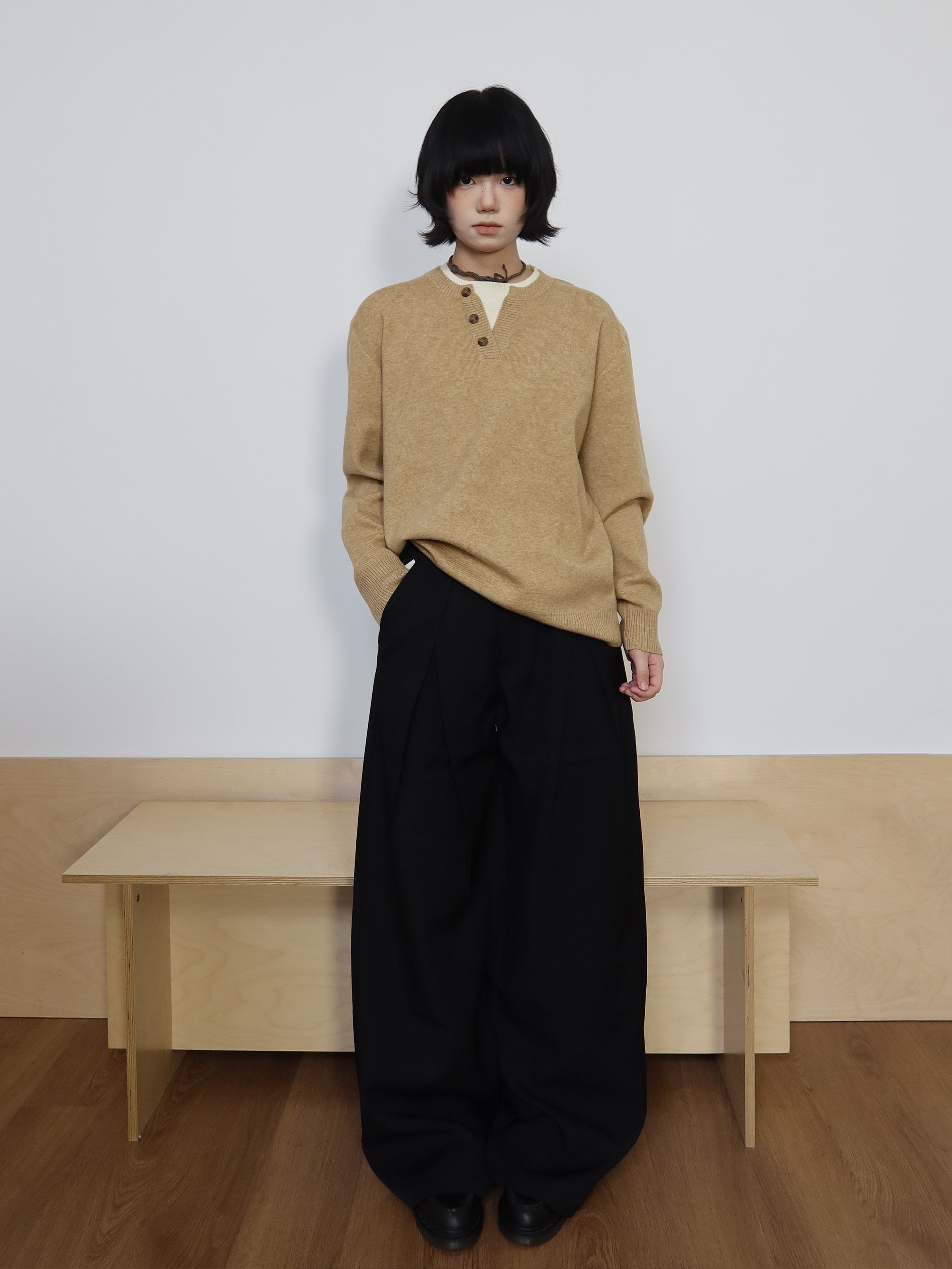 シェルボタン ヘンリーネック レイヤード風ニット N6342